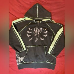 grunge black & green embroidered zip up hoodie (brand Vertical Limits)